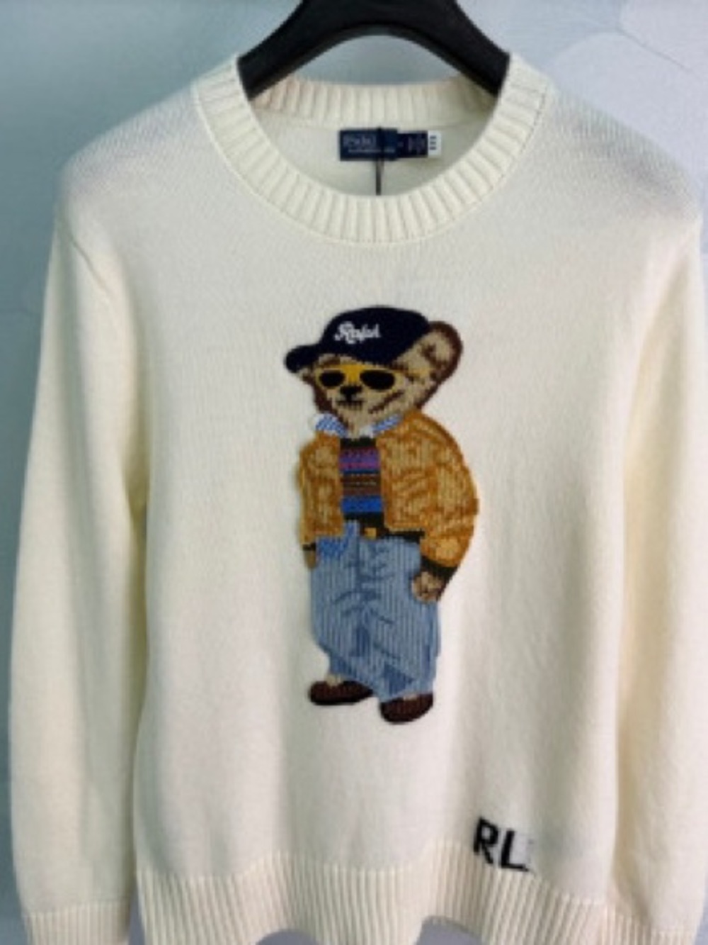 Ralph Lauren Cream Sweater with Polo Bear Motif in Blue and Brown